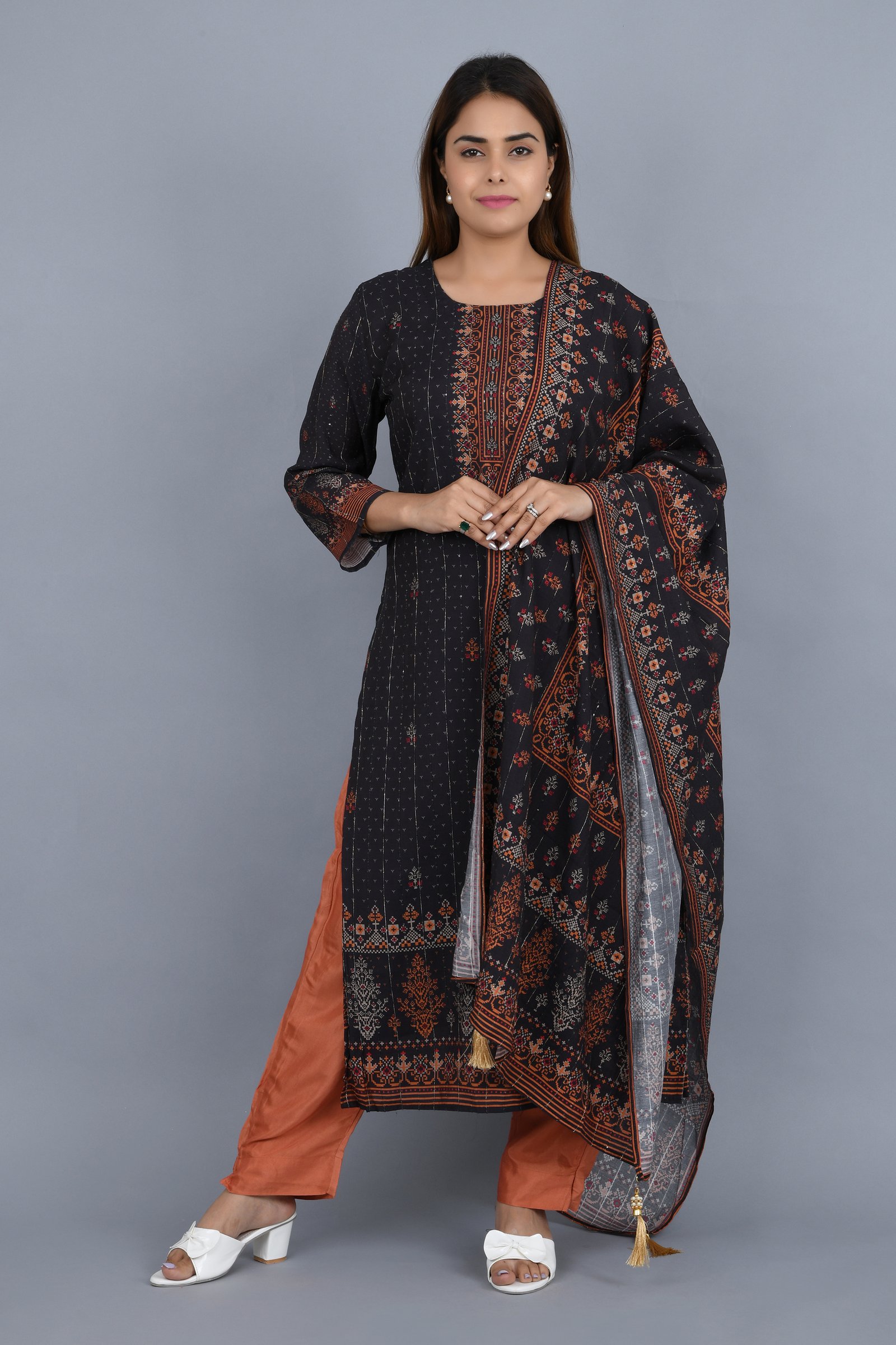 Black Cotton Blend Kurta, Pant With Dupatta