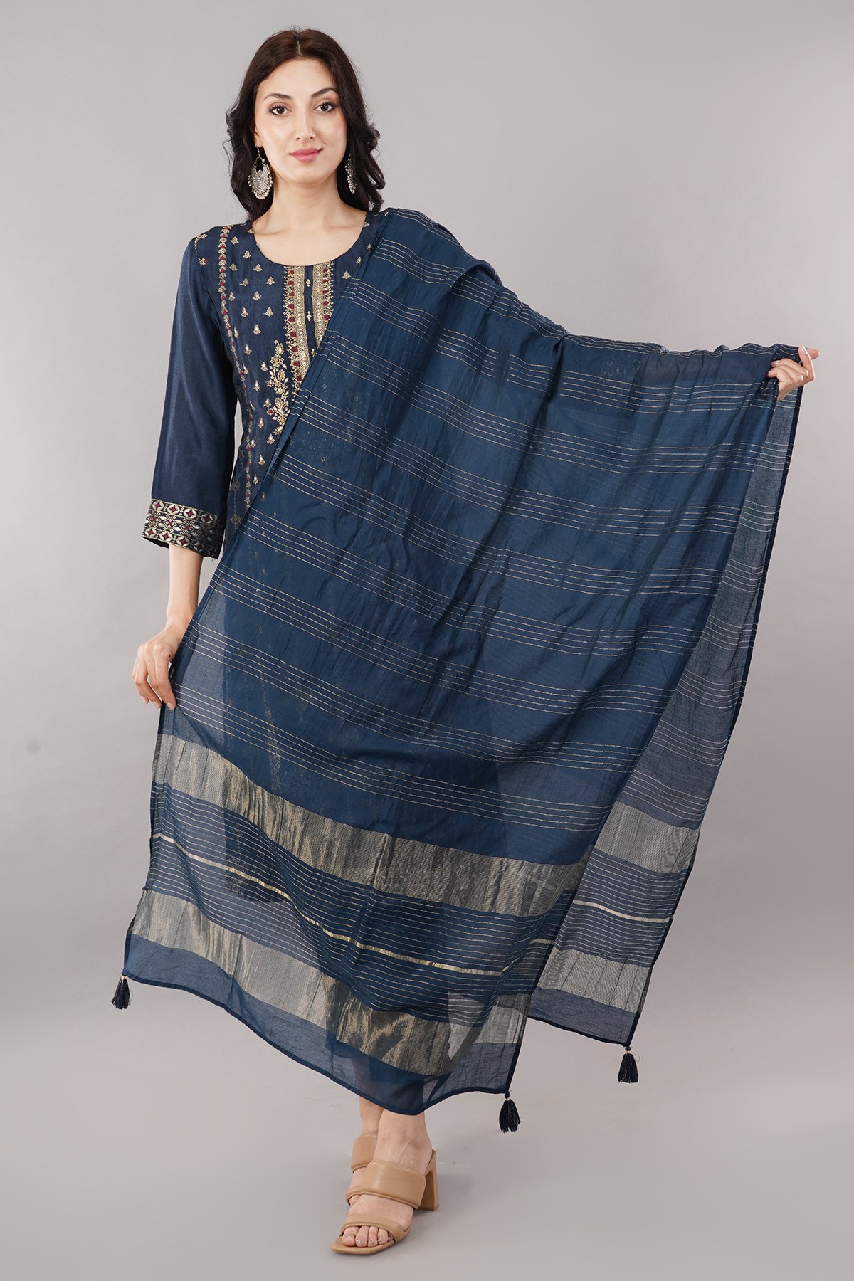 Blue Chanderi Silk Kurta, Pant with Dupatta