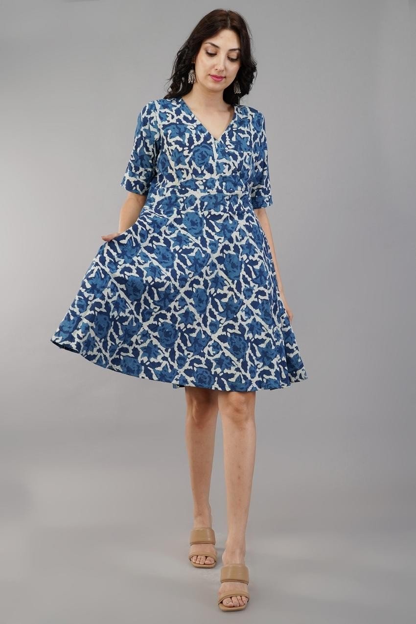 Blue Print Cotton Fit & Flare Dress