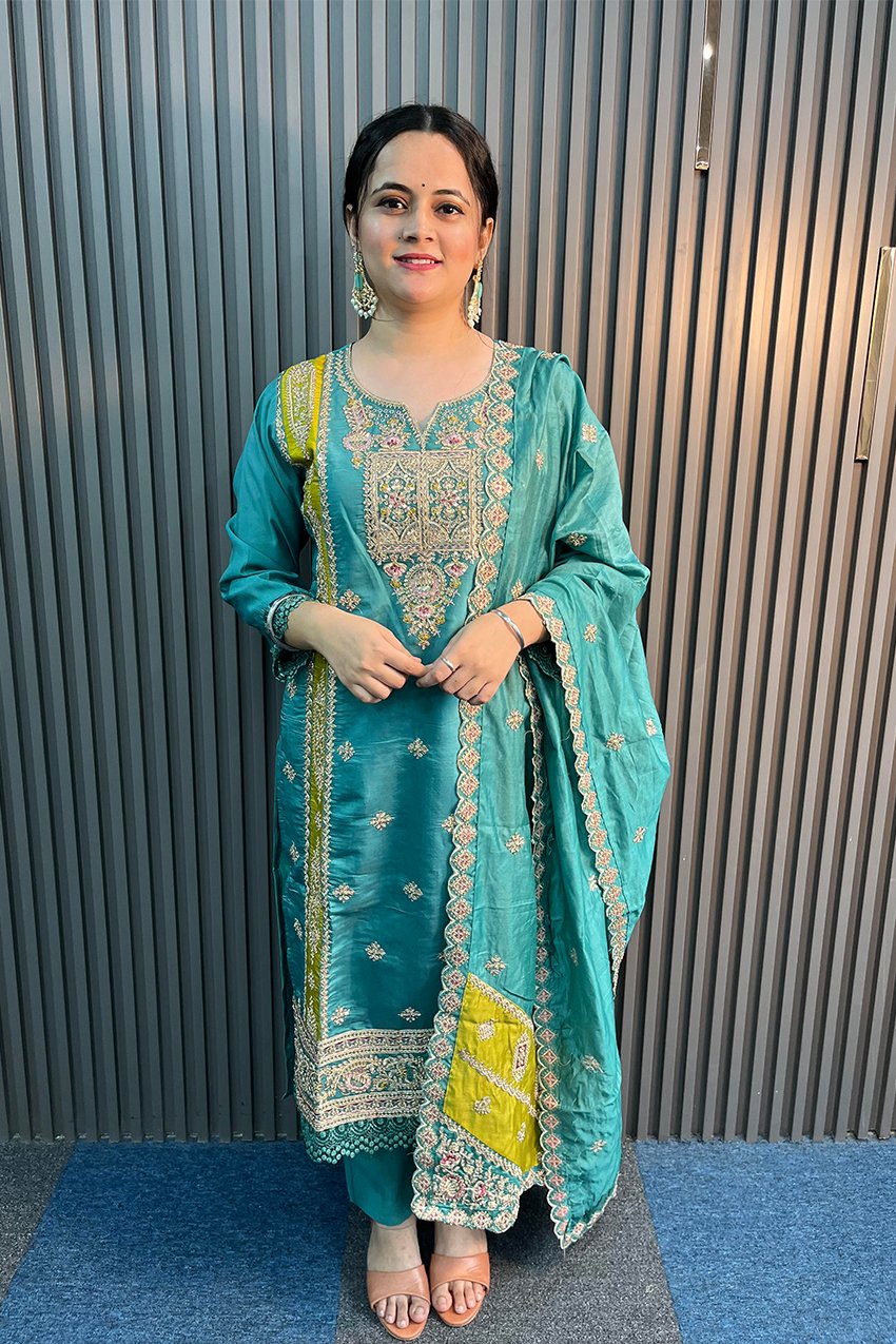 Blue Silk Kurta with pant and Dupatta