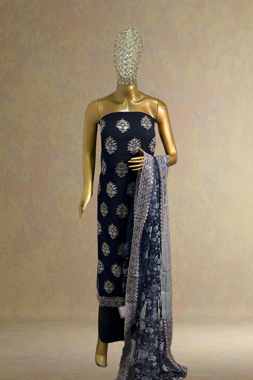 Blue Unstitched suit with organza dupatta