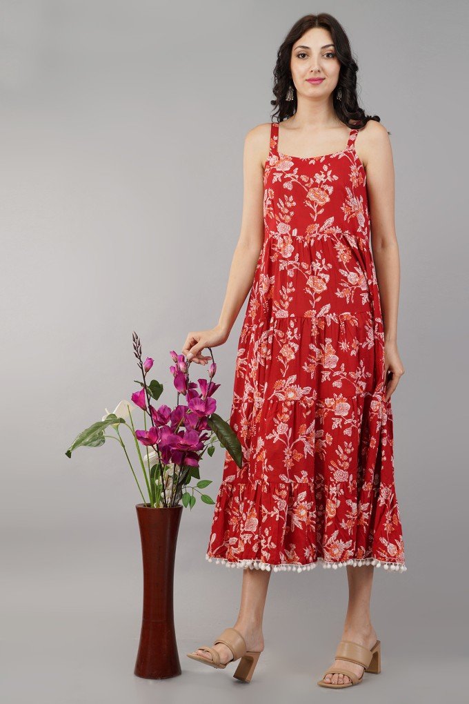 Floral Red Cotton Dress