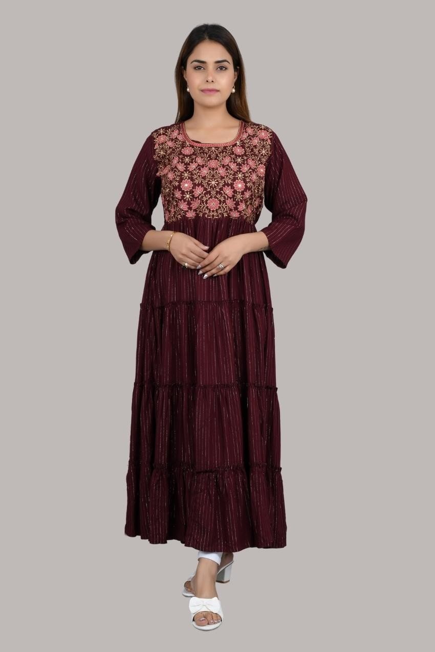 Maroon Cotton Fit & Flared Dress