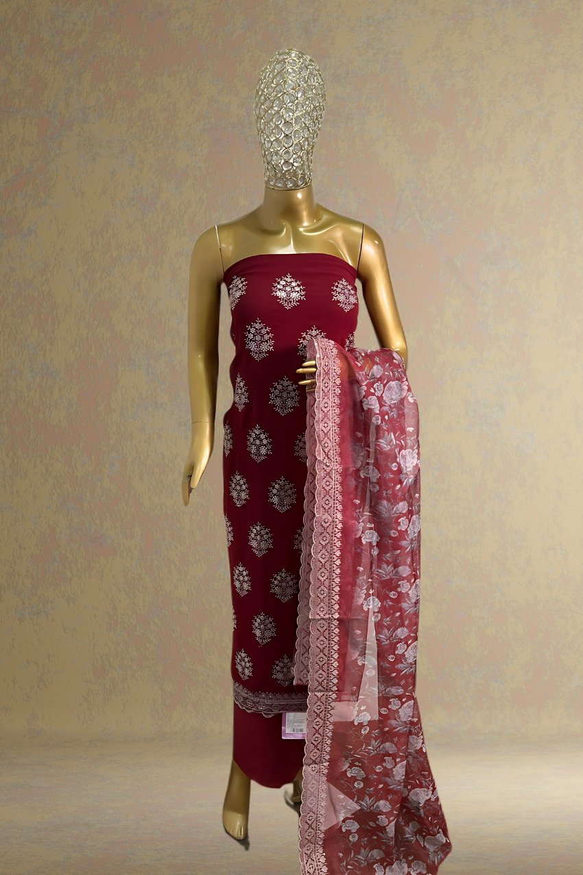 Maroon Unstitched Suit with organza dupatta