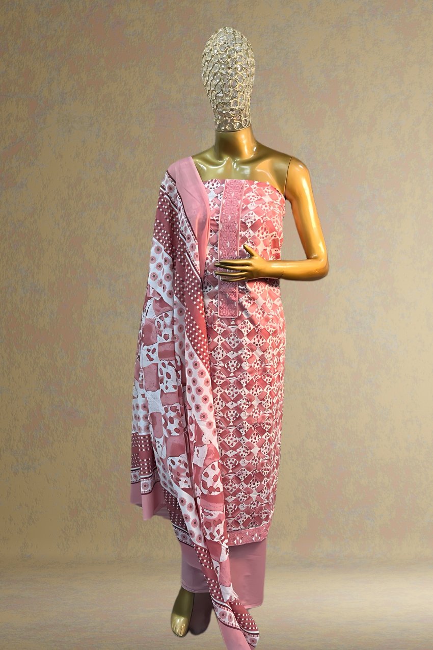 Pink Cotton Printed Unstitched Suit