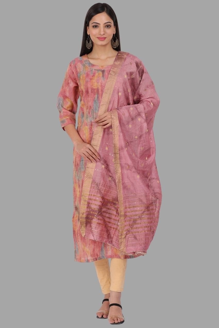 Pink Cotton Silk Kurta With Dupatta