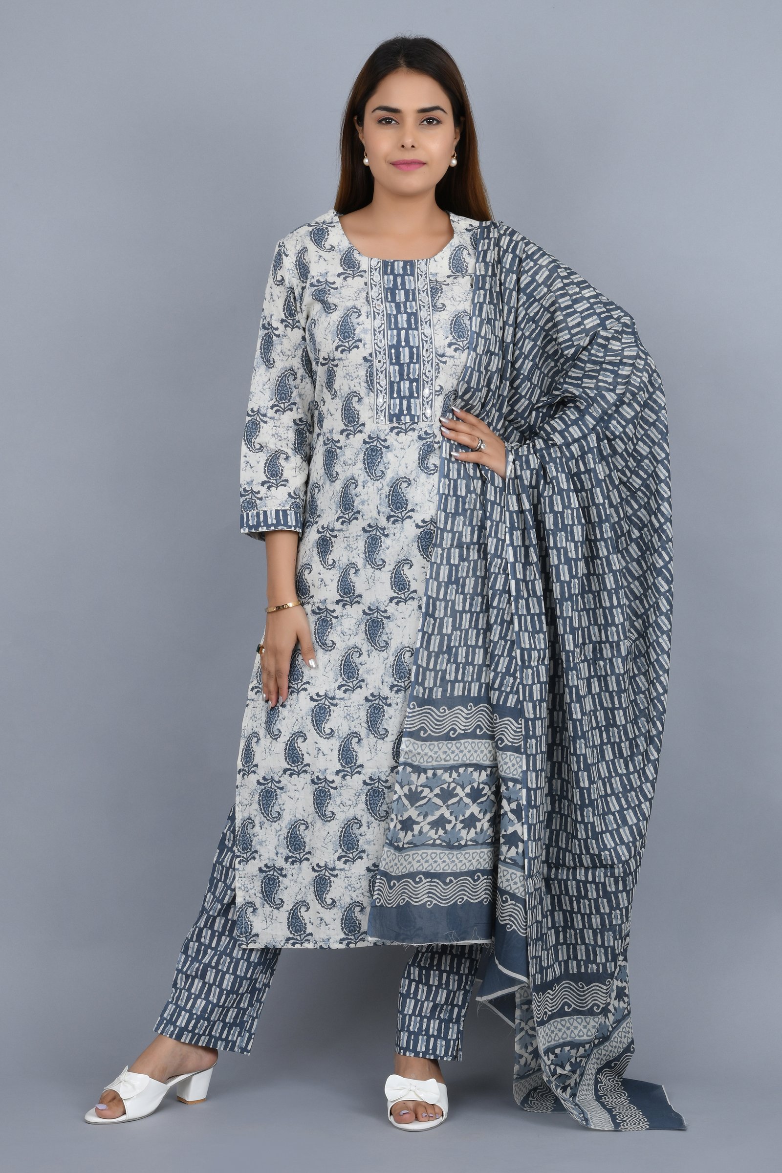 White  Cotton Kurta,Pant With Dupatta