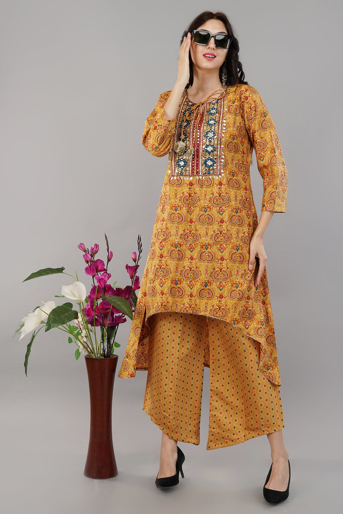 Mustard Muslin Kurta With Palazzo